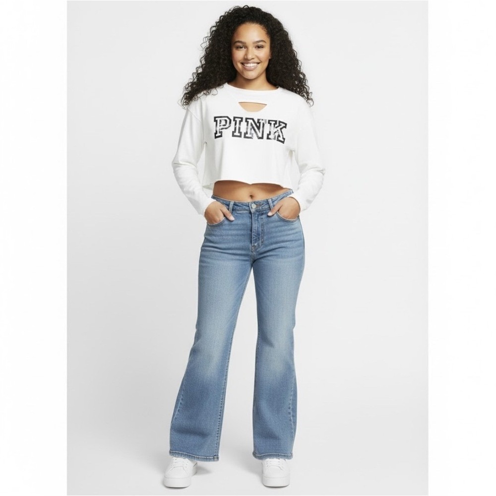 Victoria's Secret PINK Womens White Cutout Crop Y2K Long Sleeve Shirt Top XS‎